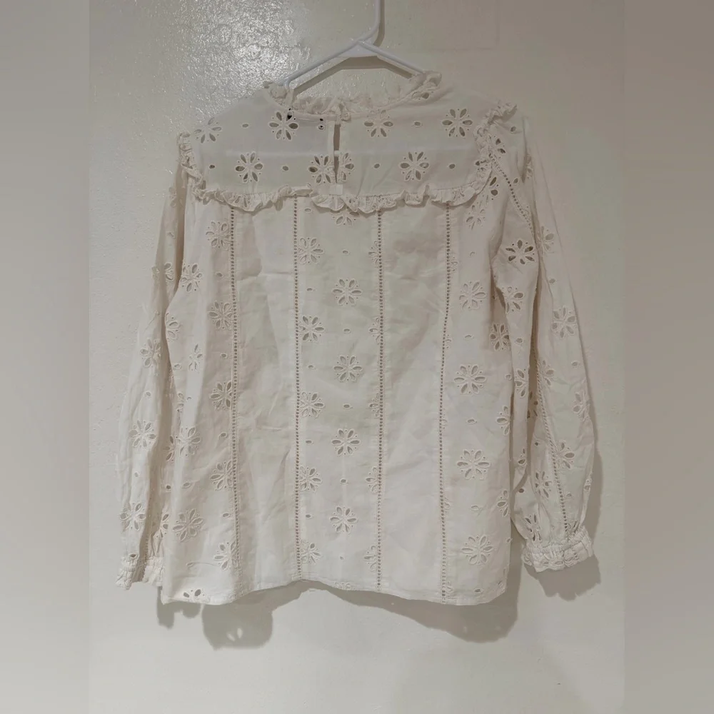 J. Crew Ruffle Neck Long Sleeve Eyelet Top In Ivory Size M